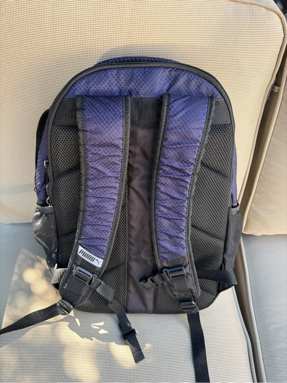 Puma Purple and Black Sports Backpack with White Logo